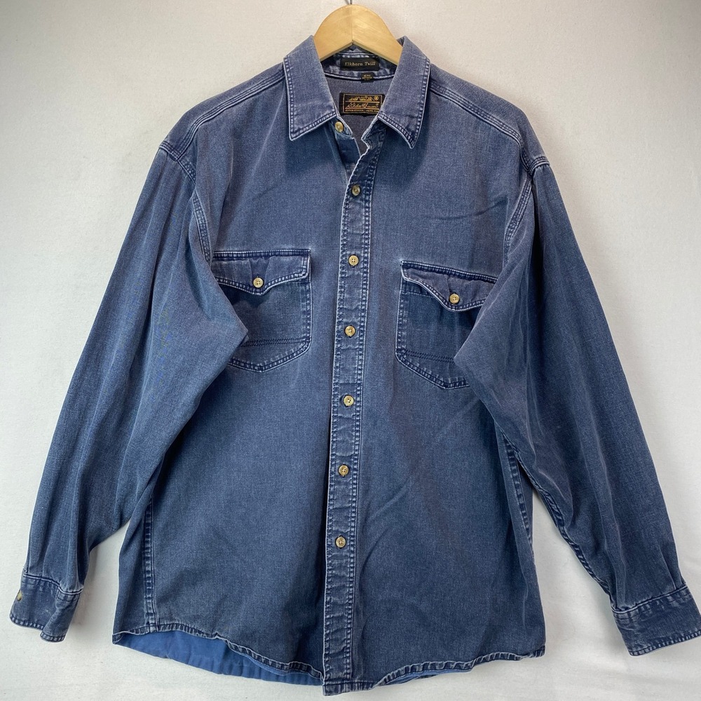 VTG Eddie Bauer Elkhorn Twill Shirt Mens Large Blue Cotton Heavyweight Made USA